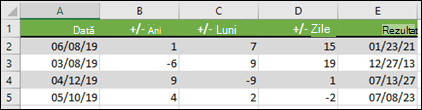 Utilizați funcția DATE pentru a aduna sau a scădea ani, luni sau zile la/dintr-o dată.