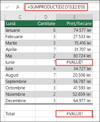 Formula din celula E15 afișează o eroare #VALOARE!, deoarece în coloana E există o eroare #VALOARE!.
