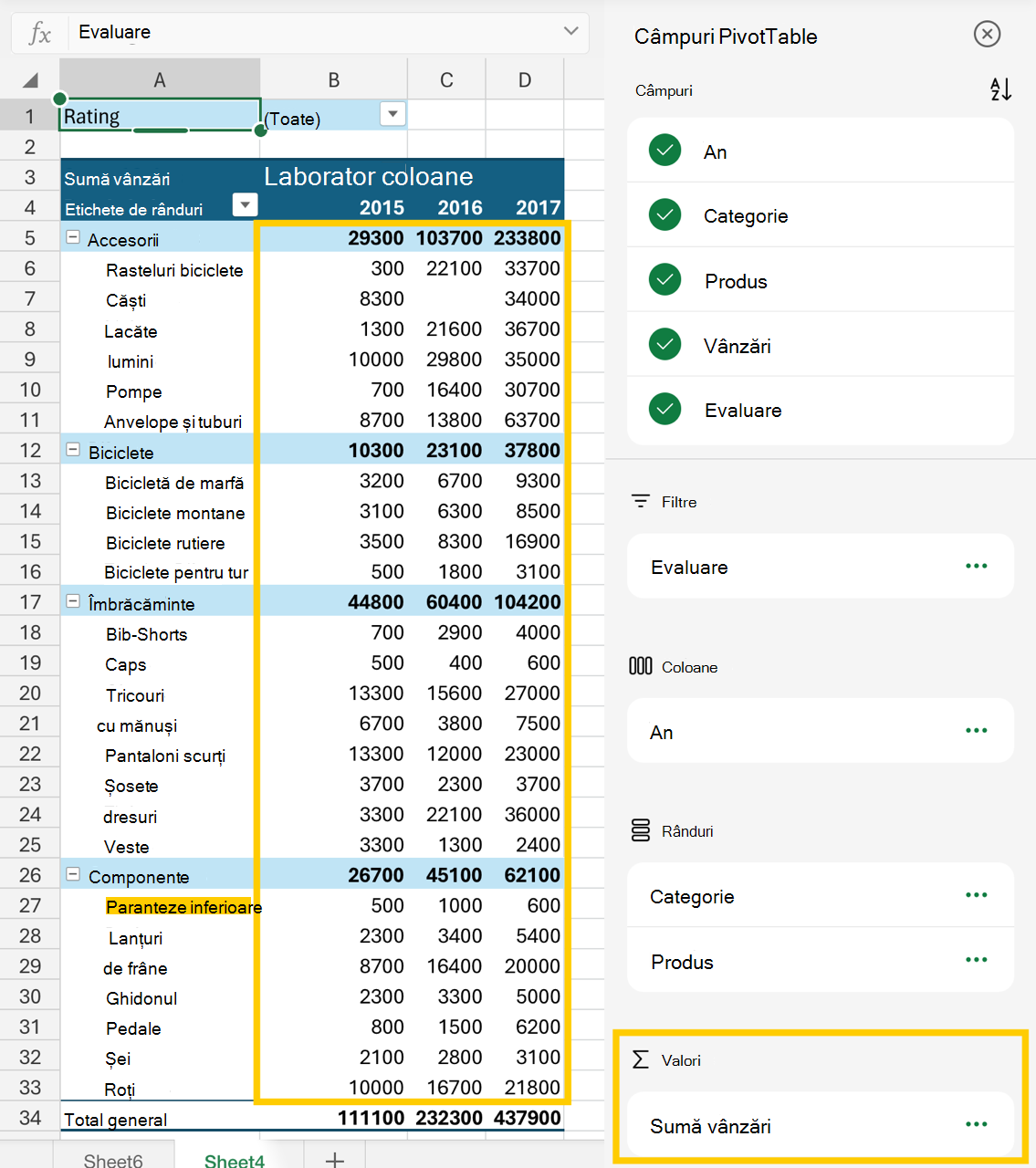 Imagine a zonei de valori din lista de câmpuri și a valorilor numerice din raportul pivotTable.
