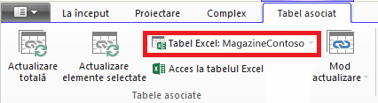 Panglică cu legătură, indicând tabelul Excel