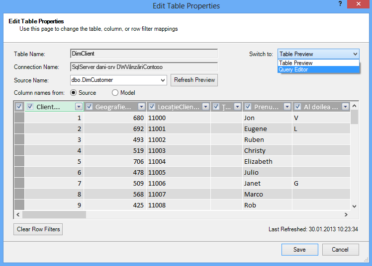 Deschideți Query Editor din dialogul Table Properties