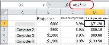 Exemplu de formulă pentru calculul unui procent