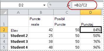 Exemplu de formulă pentru calculul unui procent