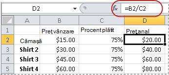 Exemplu de formulă pentru calculul unui procent