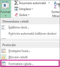 Pe fila Pornire, butonul Format și butonul Formatare celule în meniu