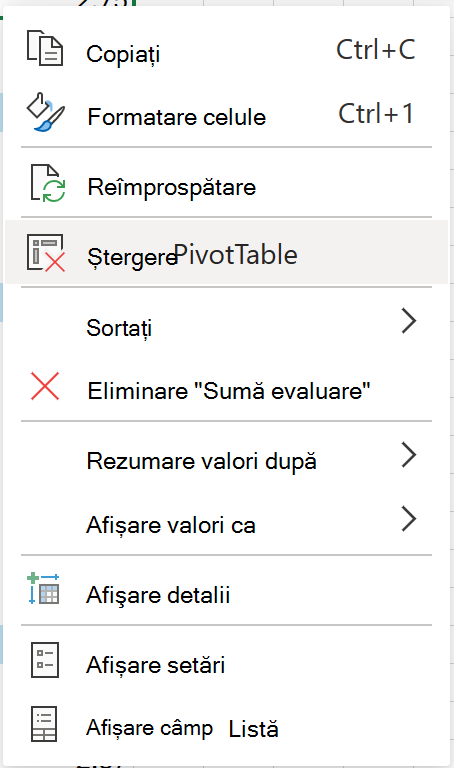 Ștergeți PivotTable din meniul contextual pe web.