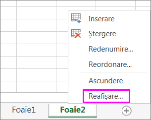 Faceți clic dreapta pe orice selector de foaie pentru a căuta foi de lucru ascunse.