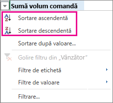 Opțiuni de sortare ascendentă și descendentă