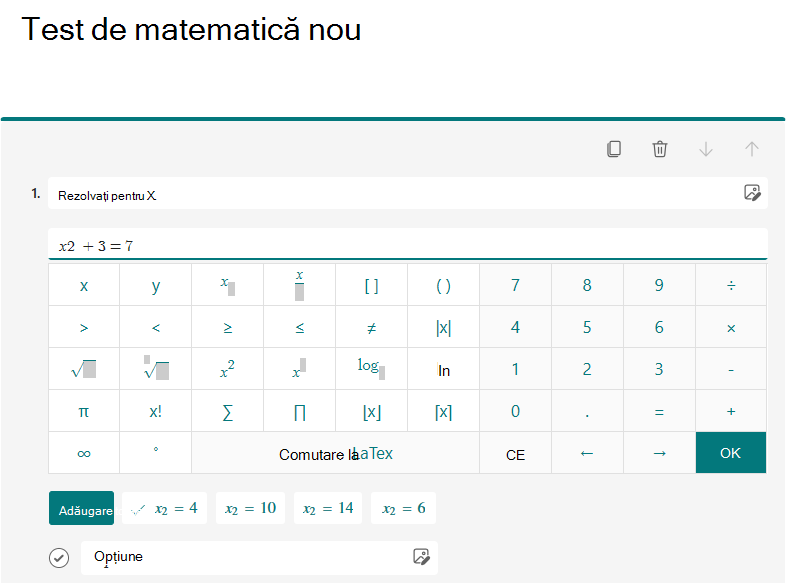 Editor de ecuații și tastatură matematică pentru o întrebare de tip Chestionar.
