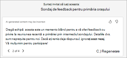 Copilot generează automat un text de invitație sugerat. Puteți edita textul aici sau puteți selecta Rescriere cu Copilot pentru a-i solicita să genereze o versiune nouă.