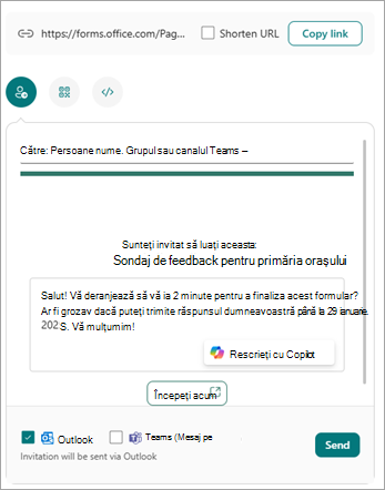 Puteți trimite formularul în mai multe moduri, din ecranul Trimiteți și colectați răspunsuri.