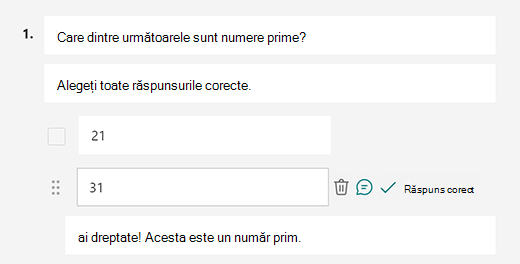 Mesaj de răspuns corect particularizat în Microsoft Forms