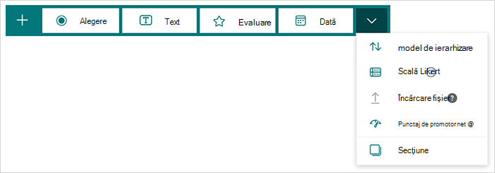 Opțiunile pentru tipul de întrebare în Microsoft Forms