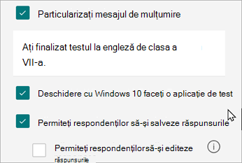Setările pentru un test vor dezvălui o opțiune pentru răspunsurile specifice testelor: Deschidere cu Windows 10 Testați-vă