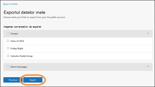 Fereastra Exportați datele mele în GroupMe cu butonul Export evidențiat