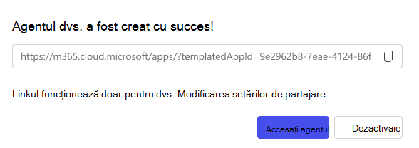 Captură de ecran a opțiunii de distribuire disponibilă la crearea unui agent
