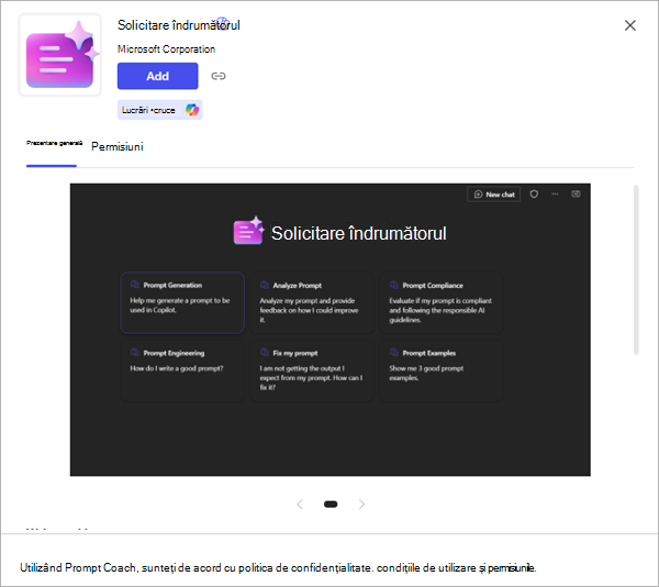 Captură de ecran a unei aplicații care afișează mai multe detalii și opțiunea de a o adăuga la Microsoft 365 Copilot.