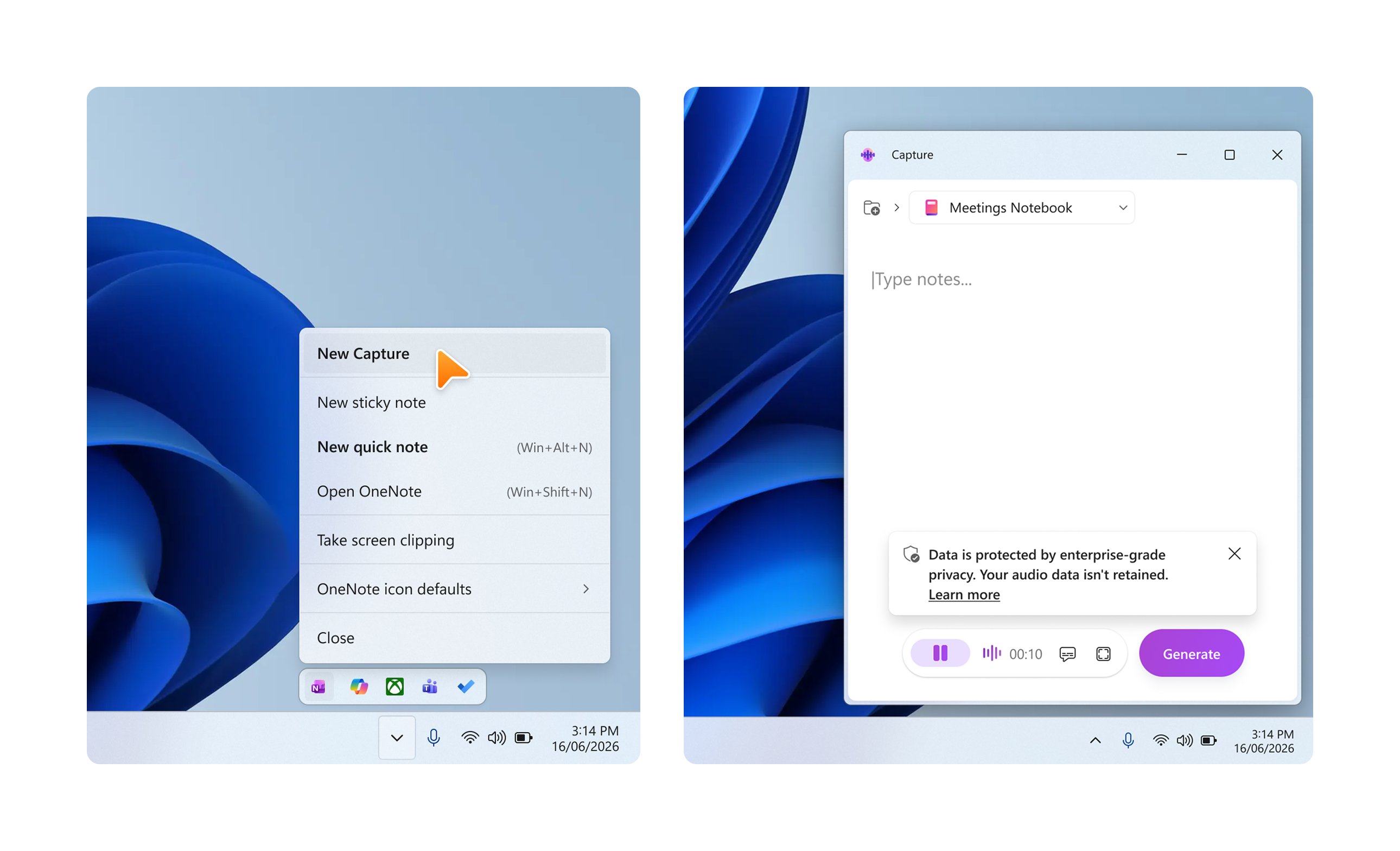 Captură de ecran cu începerea unei noi sesiuni Captură din bara de sistem OneNote.