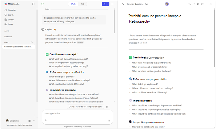 Vizualizare alăturată a paginilor Copilot Chat și Copilot din aplicația Microsoft 365 Copilot.