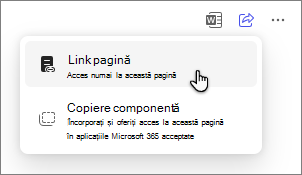 Pagini Copilot opțiune pentru a partaja o pagină printr-un link de pagină.