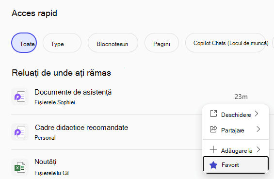 Panoul Acces rapid afișând fișierele recente și un buton Preferințe