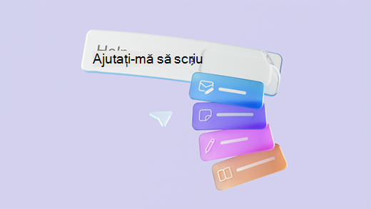 Captură de ecran care afișează redarea 3D a casetei text Microsoft 365 Copilot, cu diferite opțiuni de buton de redactare solicitare.