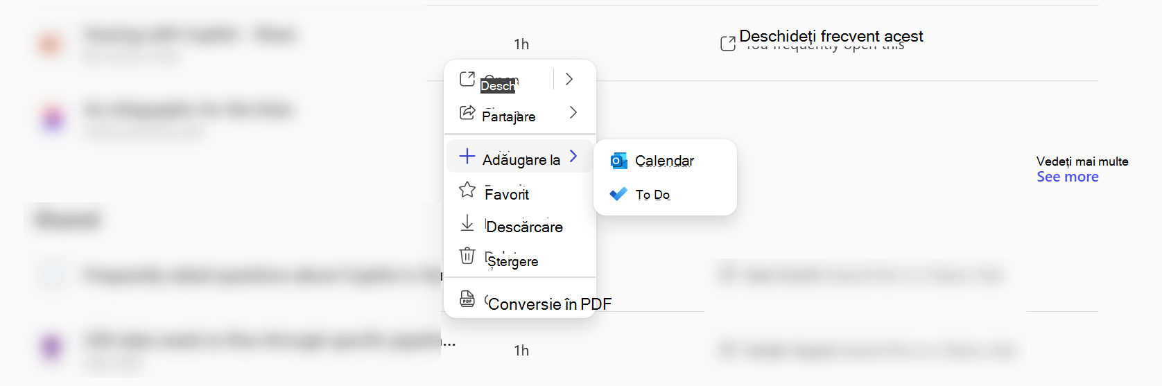 Un meniu contextual din aplicația Microsoft Copilot care arată că puteți adăuga un fișier la Calendar sau la To Do.