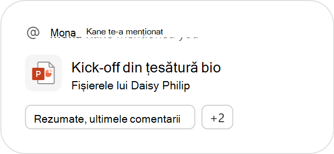 Un fișier PowerPoint recomandat ca fișier recomandat, împreună cu solicitări copilot sugerate pentru acțiuni suplimentare.