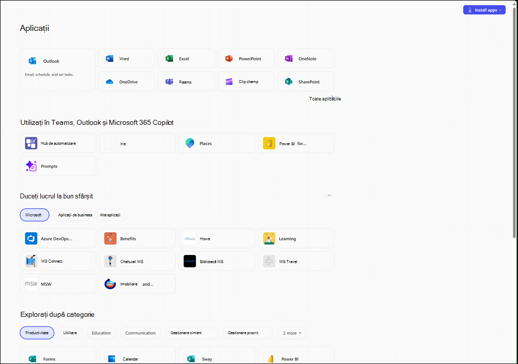 Modulul Aplicații din aplicația Microsoft 365 Copilot.