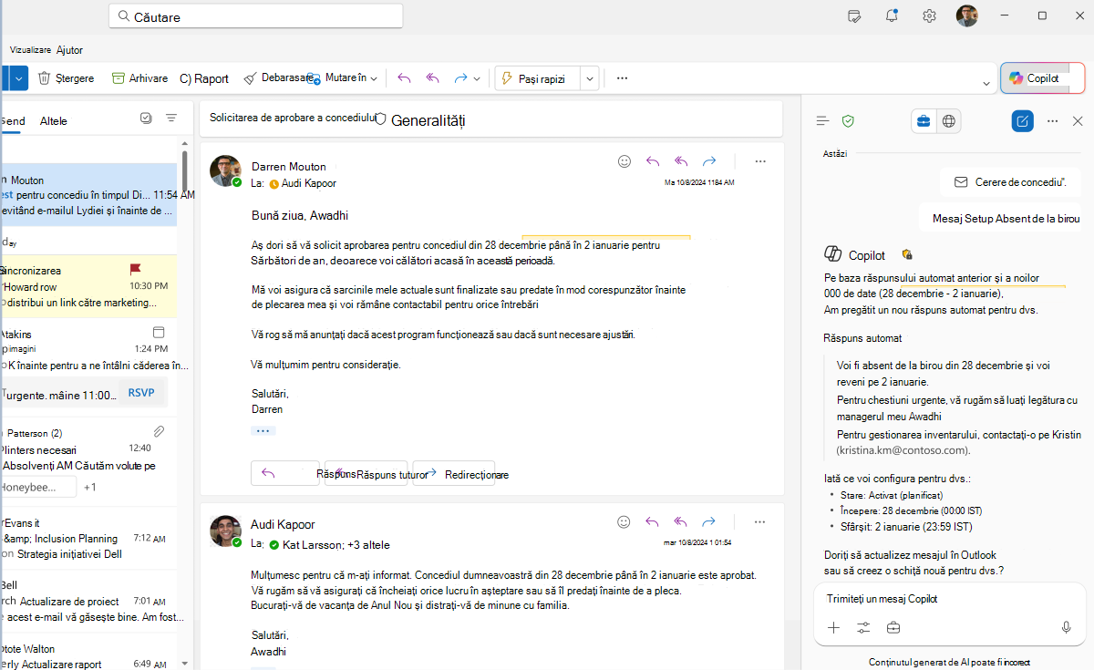 Captură de ecran cu răspunsul lui Copilots la crearea unui răspuns automat în Copilot în Outlook