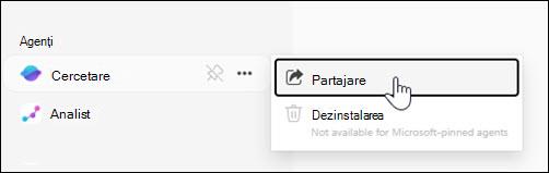 Captură de ecran cu locul în care se partajează un agent din navigarea din stânga.
