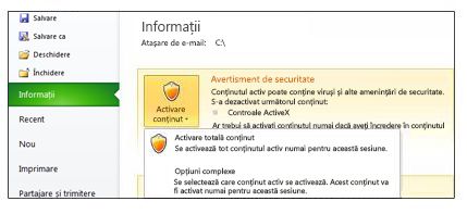 Bara de mesaje Avertisment de securitate Office cu opțiunile Activare conținut