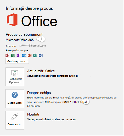 Pagina de cont care include Informații despre utilizator și produs