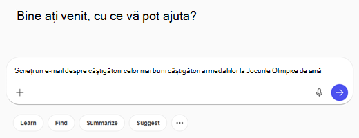 Intrare solicitare Copilot Chat cu textul Scrieți un e-mail despre cei mai buni câștigători de medalii la Jocurile Olimpice de iarnă