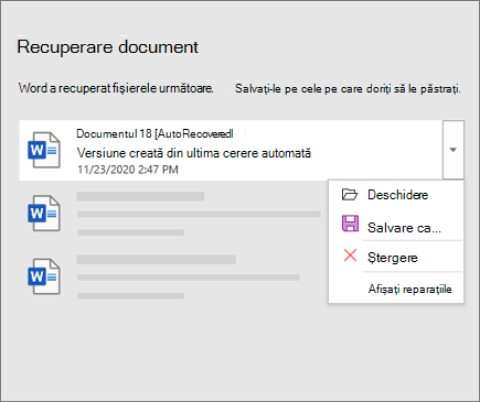 Fișier recuperat automat listat în panoul Recuperare document