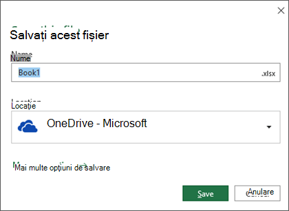 Dialogul Salvare în Microsoft Excel pentru Office 365