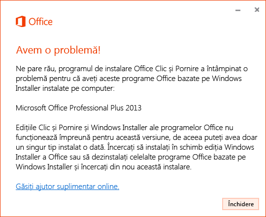 Eroare la instalarea Clic și Pornire prin instalarea MSI