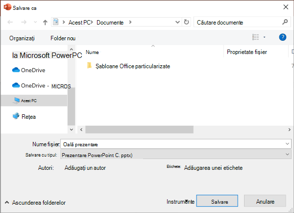 Experiența Salvare ca moștenită în PowerPoint
