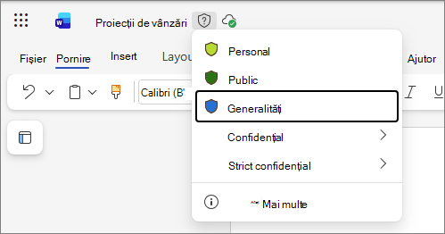 Lista verticală de etichete de confidențialitate din Office pentru web, utilizând un document Word ca exemplu și nume de etichete standard