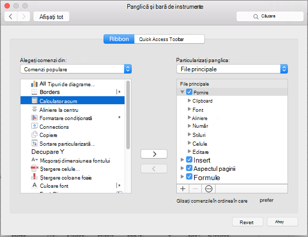 Captură de ecran a casetei de dialog Particularizare Panglică pentru Mac