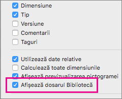 Afișați setările pentru fișierele de bibliotecă în opțiunile de vizualizare ale Instrumentului de găsire