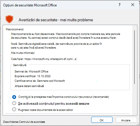 Dialogul Avertisment de securitate din Microsoft Excel