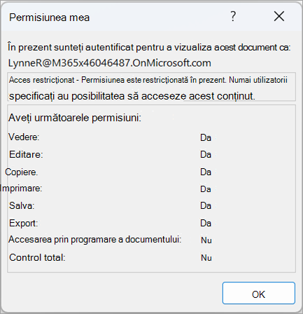 Captură de ecran a unei casete de dialog afișând permisiunile de utilizator