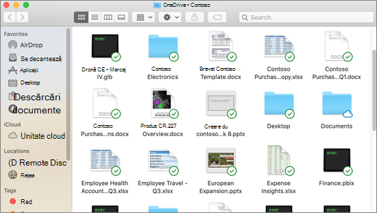 Captură de ecran cu integrarea Finder pe Mac, cu suprapuneri de sincronizare pentru fișierele sincronizate