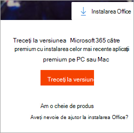 Mesaj care vă recomandă să treceți la versiunea Premium după ce selectați butonul Instalați Office