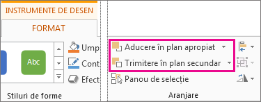 Opțiunile Aducere în plan apropiat și Trimitere în plan secundar de pe fila Instrumente de desen