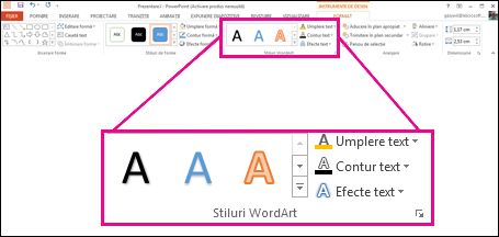 Comenzile Stiluri WordArt pe panglică