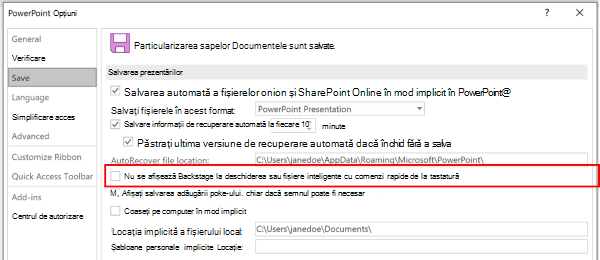 Captură de ecran a casetei de dialog Opțiuni PowerPoint, evidențiind setarea de a nu utiliza Backstage atunci când salvați cu comenzi rapide de la tastatură