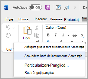 Imagine a opțiunii de a ascunde bara de instrumente Acces rapid
