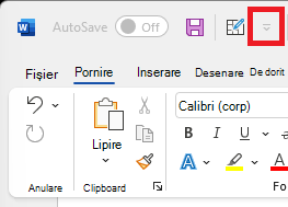 Imagine cu pictograma barei de instrumente Acces rapid aflată deasupra panglicii
